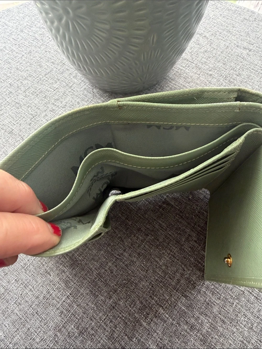 MCM Green Leather Compact Wallet with Gold Accents and Charm - Picture 5 of 10